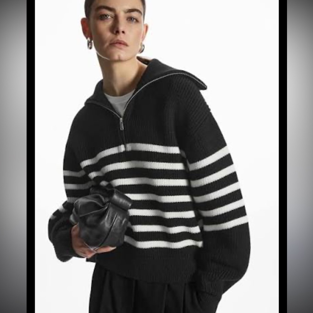 COS Black and Cream Striped Half-Zip Sweater